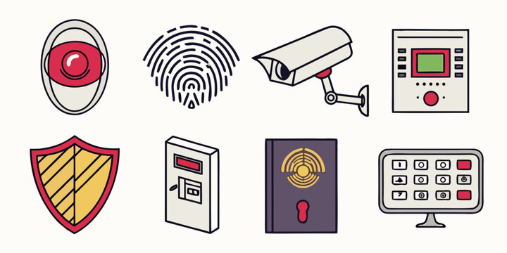 Isometric of security devices: cctv camera, alarm, fingerprint scanner, and safe