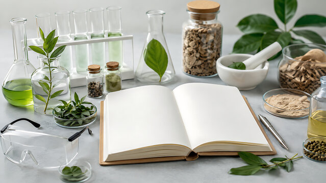 Open Laboratory Notebook With Herbal Samples | Natural Medicine Research and Botanical Ingredients | Plant Extract Formulation Workspace