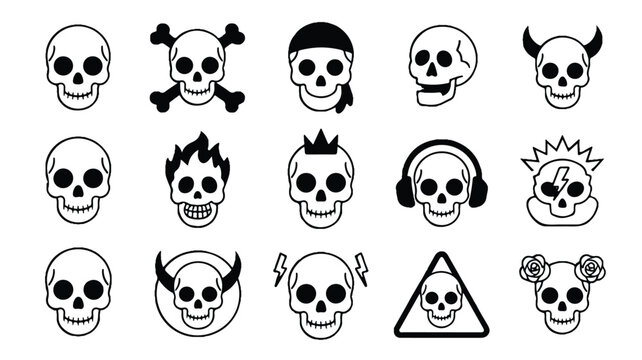 Flat design skull icon vector set, black and white minimalist skeleton heads