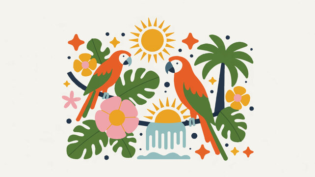 A hand drawn illustration of tropical decor with parrot birds, monstera leaves, palm trees and sun