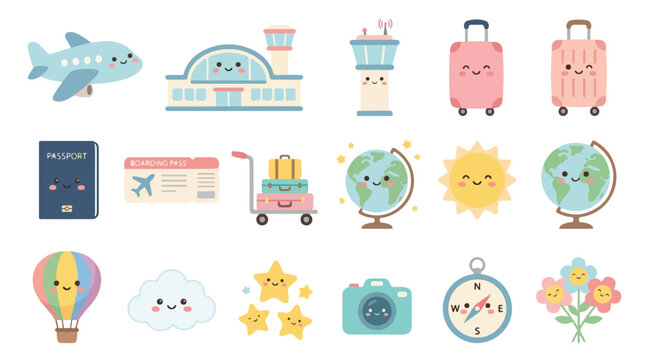 Kawaii travel icons set, cute 18 vector elements for summer vacation, pastel aesthetic airport and tourism illustrations for scrapbooking and stickers