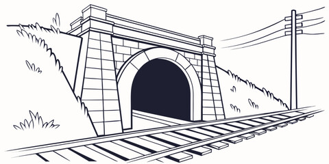 Obraz premium Black and white line of a railway tunnel entrance with tracks and overhead lines