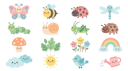 Kawaii garden insects and nature elements collection, cute cartoon bug vector set, pastel nursery spring illustrations for children © K studio