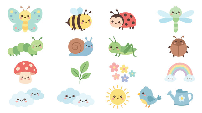 Kawaii garden insect collection, 16 cute bug and nature vector icons, pastel nursery animal characters for kids, smiling spring garden elements