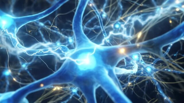 Neural network with glowing blue neurons and electrical synapses