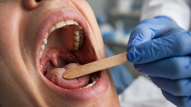 Close-up of a doctor examining a patient's throat with a tongue depressor