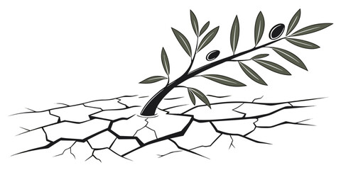 Obraz premium Olive branch with leaves sprouting through cracked earth, symbol of hope and renewal