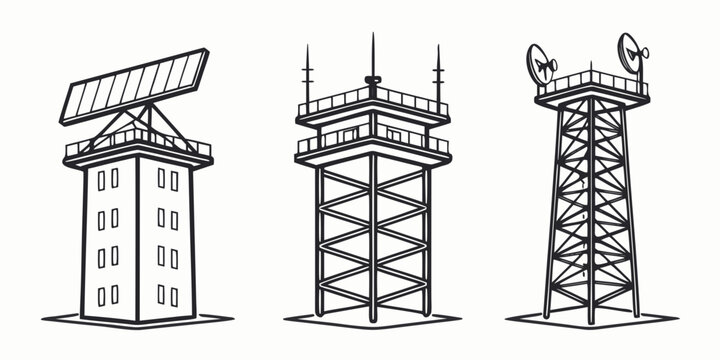 Military radar towers with dish antennas, white background, radar dish surveillance tower