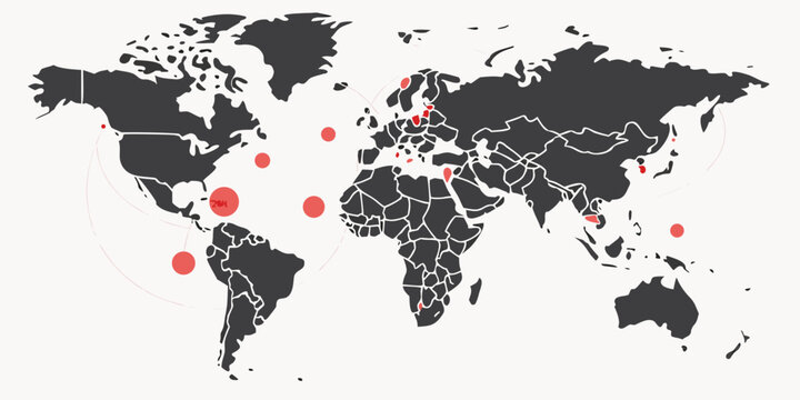 Minimal map with glowing red hotspots highlighting global crisis points global map