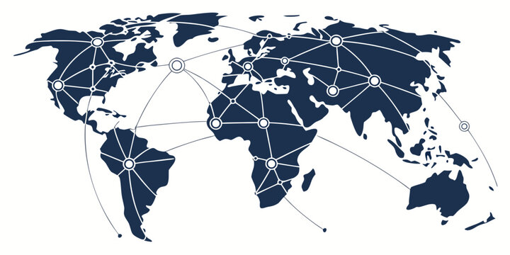 Global map with fractured digital data lines, geopolitical regions highlighted broken lines