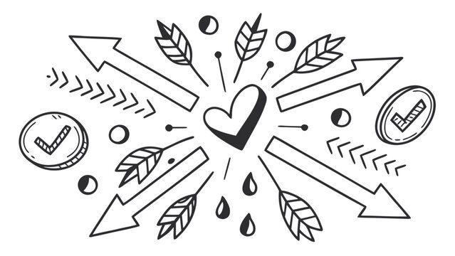 Hand-drawn of a heart with arrows and decorative black and white line abstract