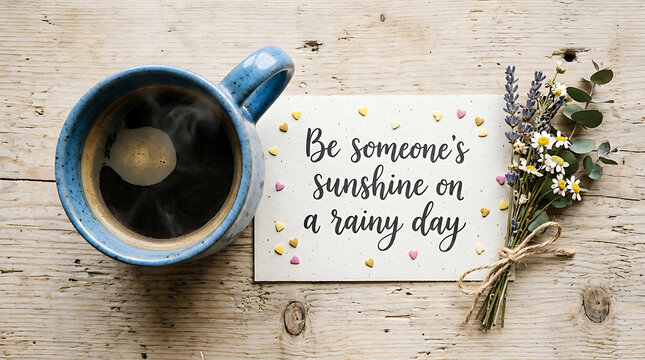 A cup of hot coffee with a card featuring a positive quote and a small bundle of dry flowers