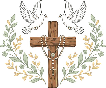 Wooden christian cross with rosary beads flanked by white doves and floral wreath branches vector illustration for religious sacrament communion,