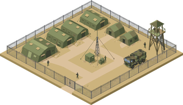 Isometric military base vector illustration featuring khaki army tents guard tower chain link fence camouflage truck antenna and soldiers for strategy game design assets