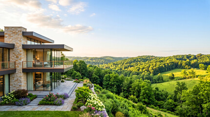 Obraz premium Luxury Hillside Real Estate Modern Mansion Panoramic View Advertising 