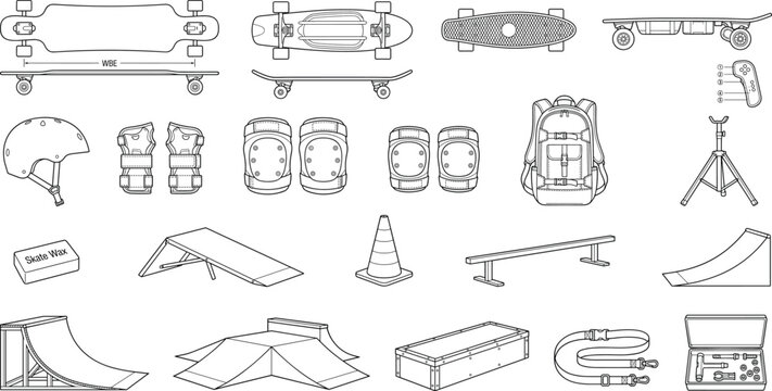 Skateboarding Equipment and Skate Park Obstacles Line Art Collection
