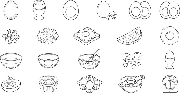 Egg Cooking Process and Kitchen Preparation Line Art Icon Collection