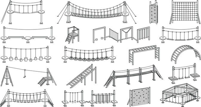 Outdoor Playground Obstacle Course Equipment Line Art Collection for Children Recreation