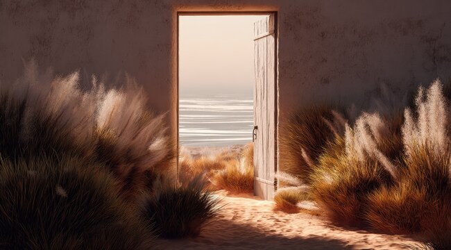 A digitally rendered image depicts an open door in a sandy, desert-like setting, revealing a tranquil ocean view beyond.  Tall grasses frame the doorway, illuminated by warm, ambient light