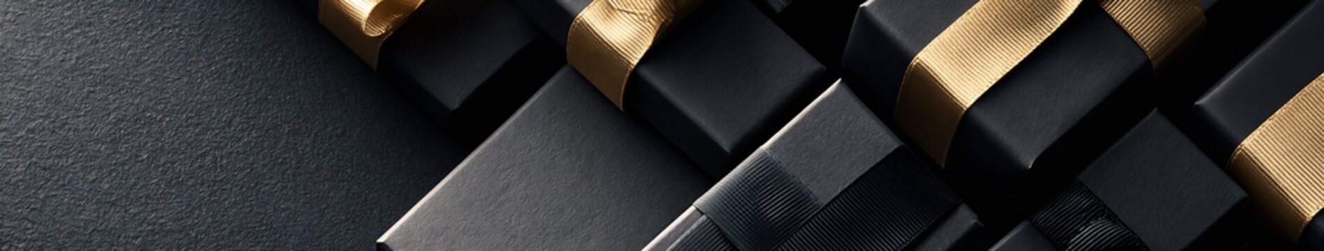 Black Friday Luxury black gift boxes with gold satin ribbons on textured dark background with empty horizontal copy space