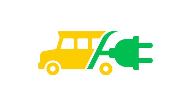Electric school bus logo icon representing sustainable green energy transportation for students and eco-friendly education vehicle concept