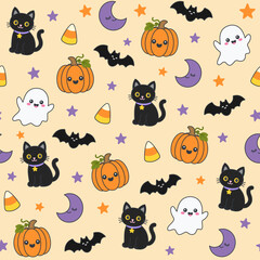 Obraz premium Cute-Halloween-Seamless-Pattern-with-Black-Cat-Pumpkin-Ghost-Moon-Bat-and-Candy-Corn-on-Warm-Yellow-Background