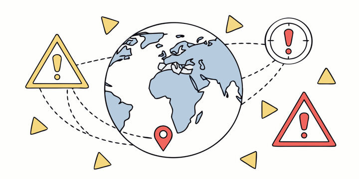 Earth surrounded by warning triangles with alert and symbols globe alert symbols
