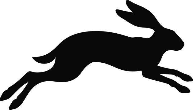 Black silhouette illustration of a fast running wild hare or rabbit leaping isolated on white background