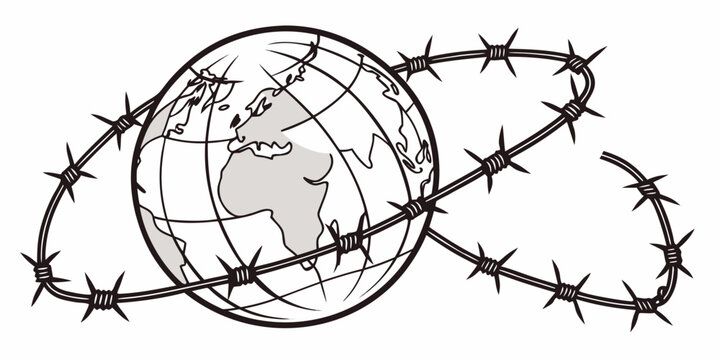 Globe wrapped in barbed wire, symbolizing global conflict and tension