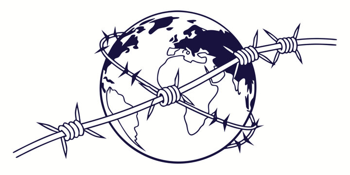 Globe encircled by barbed wire, symbolizing global conflict and tension
