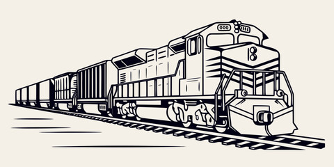 Black and white cargo freight train with multiple connected wagons, line style cargo train © Bakkar