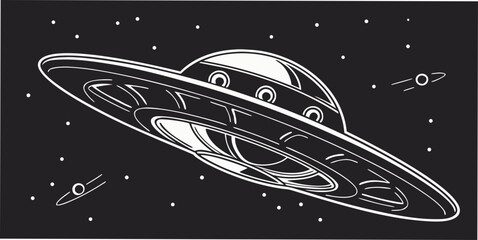 Black silhouette of a ufo flying in the night sky flying saucer alien spacecraft © Bakkar