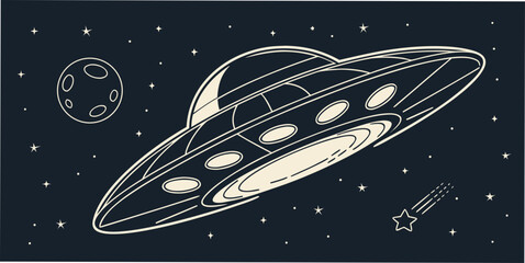 Black silhouette of a ufo flying in space with stars and planets flying saucer alien spacecraft © Bakkar