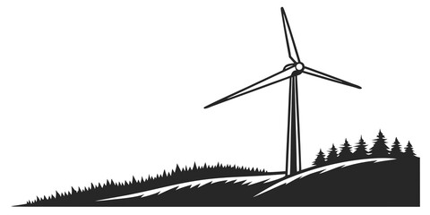Black silhouette of a wind turbine against a mountain landscape renewable energy © Bakkar