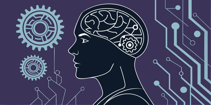 Black silhouette of human head with circuit brain and technology symbols