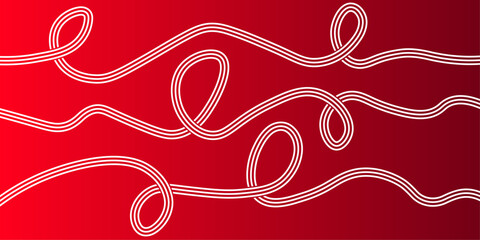 Vibrant red background featuring bold white abstract rope or cable loops with dynamic intertwining curves and smooth flowing © Akel