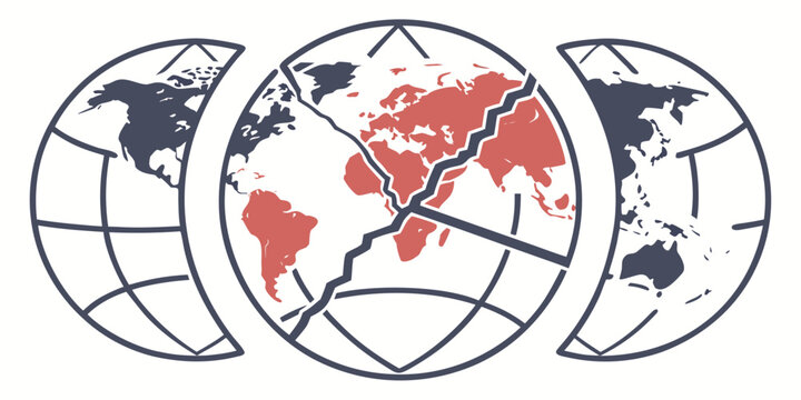 Broken globe split into three fragments with cracked earth texture, red highlighted regions