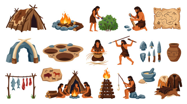Prehistoric Caveman Life: Icons of Primitive Tools, Shelter, Fire, Hunting  Map