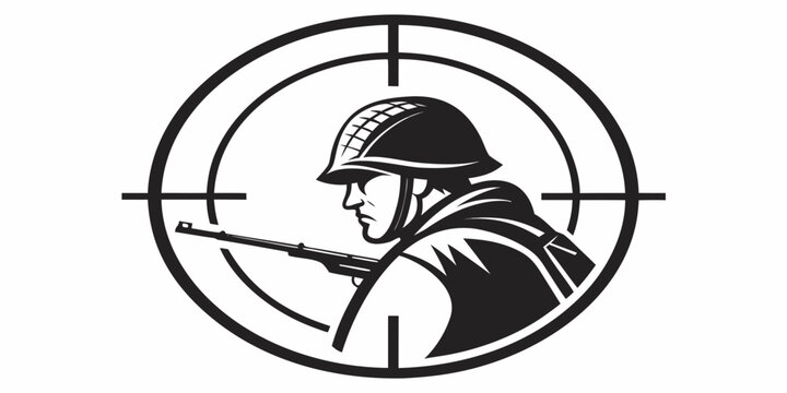 Black silhouette of soldier aiming with crosshair overlaid, style military
