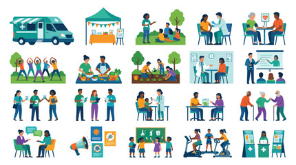 Naklejka premium Public Health Community Wellness Flat Vector Illustration Set: Healthcare, Education, Fitness Healthy Lifestyle Concepts