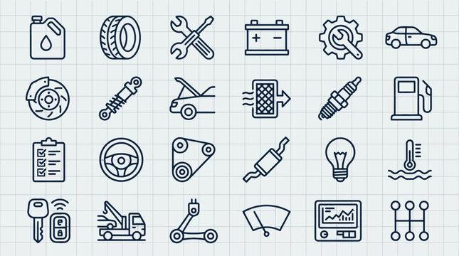 Automotive repair and car part line icons set