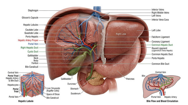 3D Human Liver Anatomy with Labeled Internal Structures &ndash; Medical Illustration for Science Learning and Biology Education Poster