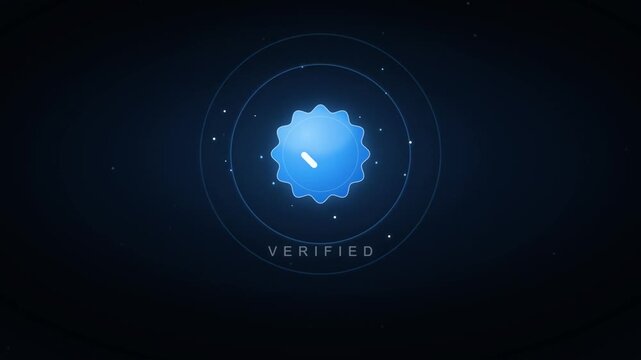 Blue verified badge icon with white checkmark and glowing particles on black background loop