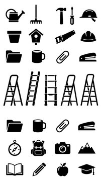 Collection of Tools and Objects Icons: Gardening, DIY, Office, Travel, Education