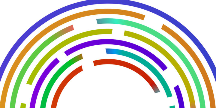 Vibrant, colorful, fragmented rainbow arcs with bold purple, orange, green, and red segments arranged in a dynamic semicircle