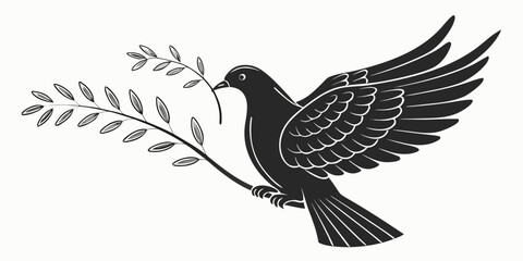 Fototapeta premium Black of peace dove with outstretched wings and olive branch black silhouette bird