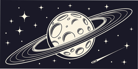 Black silhouette of a ringed planet floating in starry space saturn stars © Abu