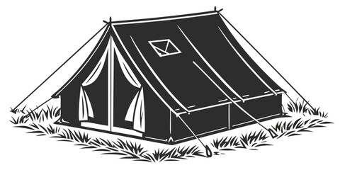 Black silhouette of military field tent with guy ropes and stakes, isolated tent silhouette © Abu