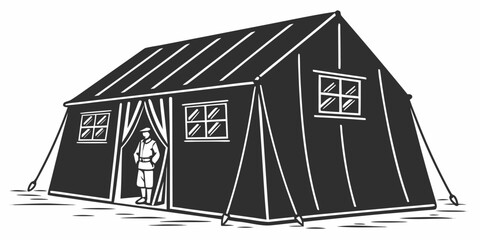 Black silhouette of military field tent with camouflage netting military tent black and white © Abu