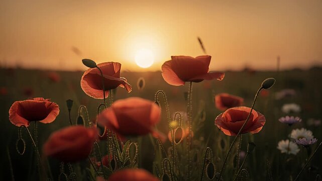 poppy field sunset warm golden light over flowers